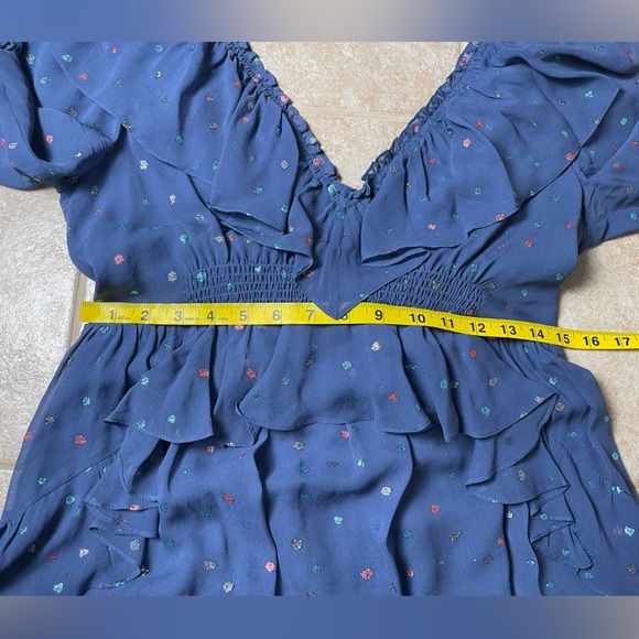 Rebecca Taylor 100% Silk Ruffle Mini Dress Glitter Gem Blue Dot Revolve, Size 8 - Picture 6 of 11
